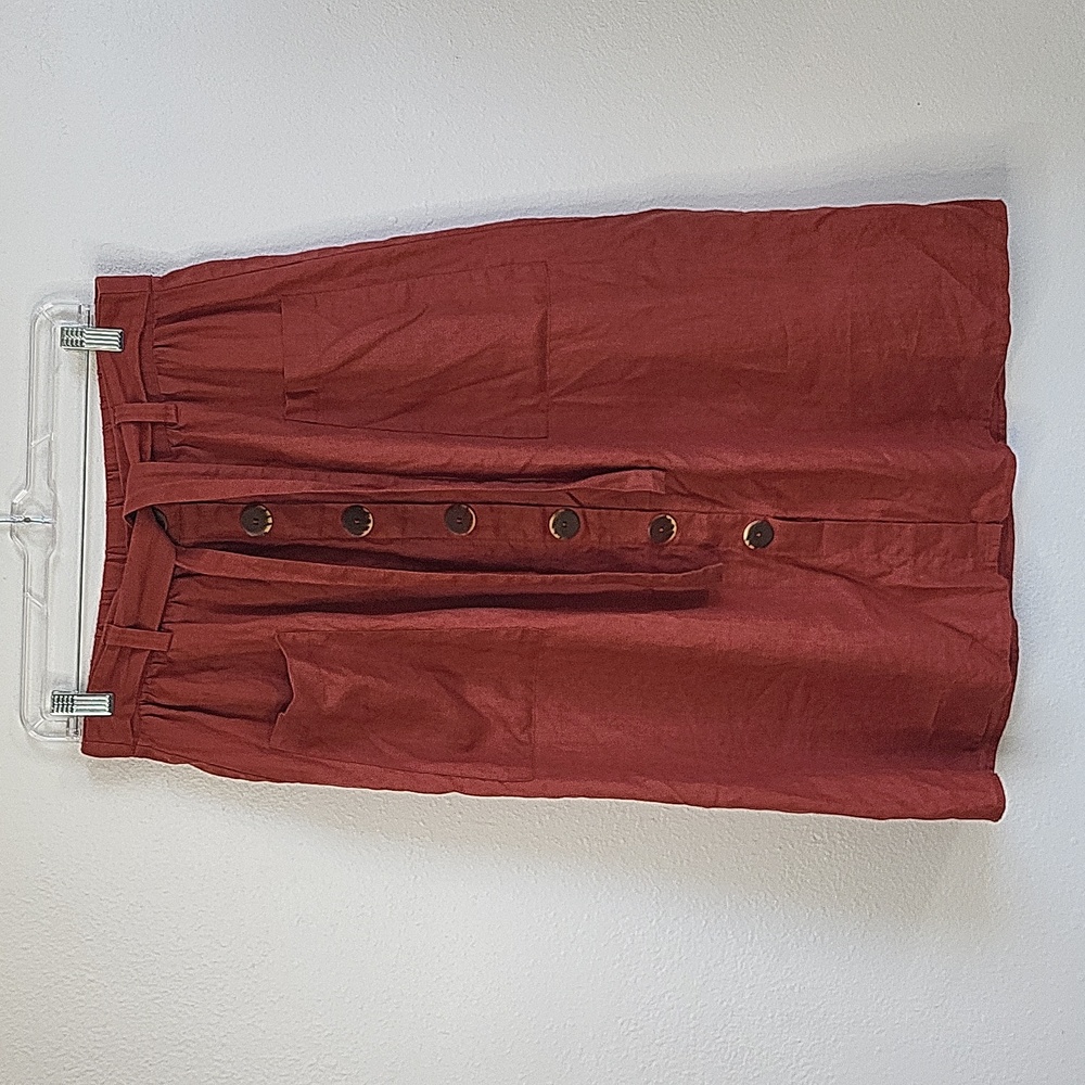 Marc New York Rust Colored Attached Belt Button-Front Linen Midi Skirt